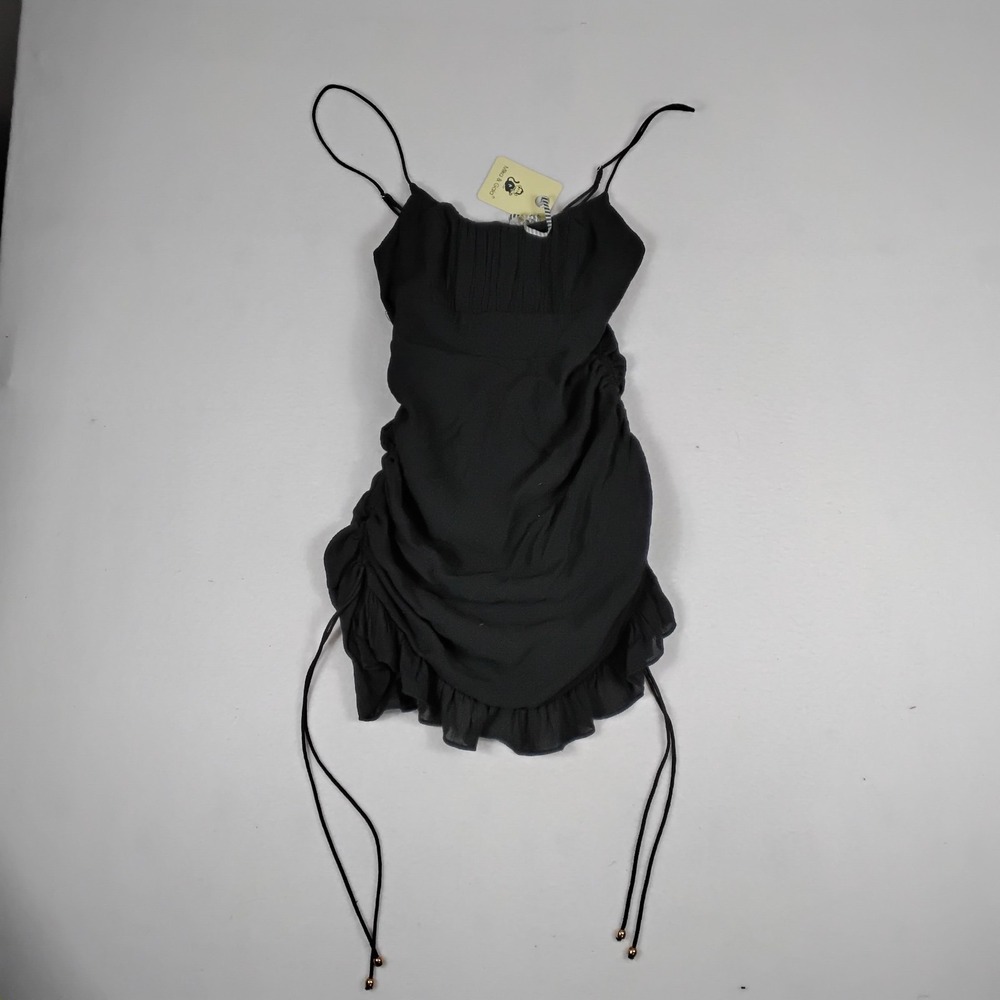 Mika & Gala Black Ruched Mini Dress Size 6 NWT Ruffle Drawstring Bodycon Party
